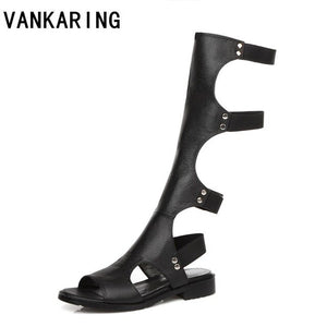 classic design fashion gladiator summer sandals women knee high boots ladies sexy cut-outs black boots leather dress shoes woman