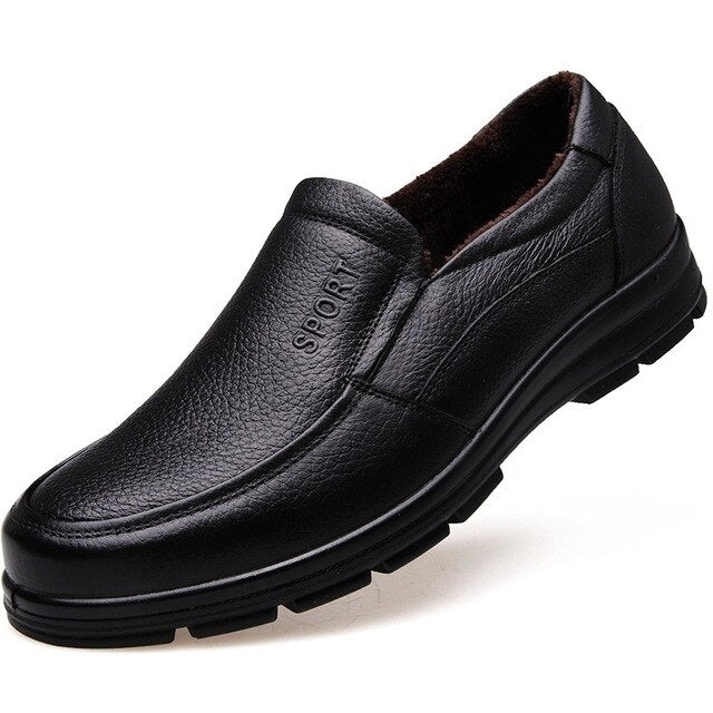 Genuine Leather Shoes Men Winter Shoes Brand Loafers Warm Plush Leather Loafers Mens Casual Shoes Male High Quality Black A444