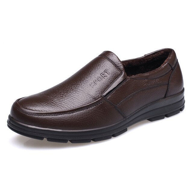 Genuine Leather Shoes Men Winter Shoes Brand Loafers Warm Plush Leather Loafers Mens Casual Shoes Male High Quality Black A444