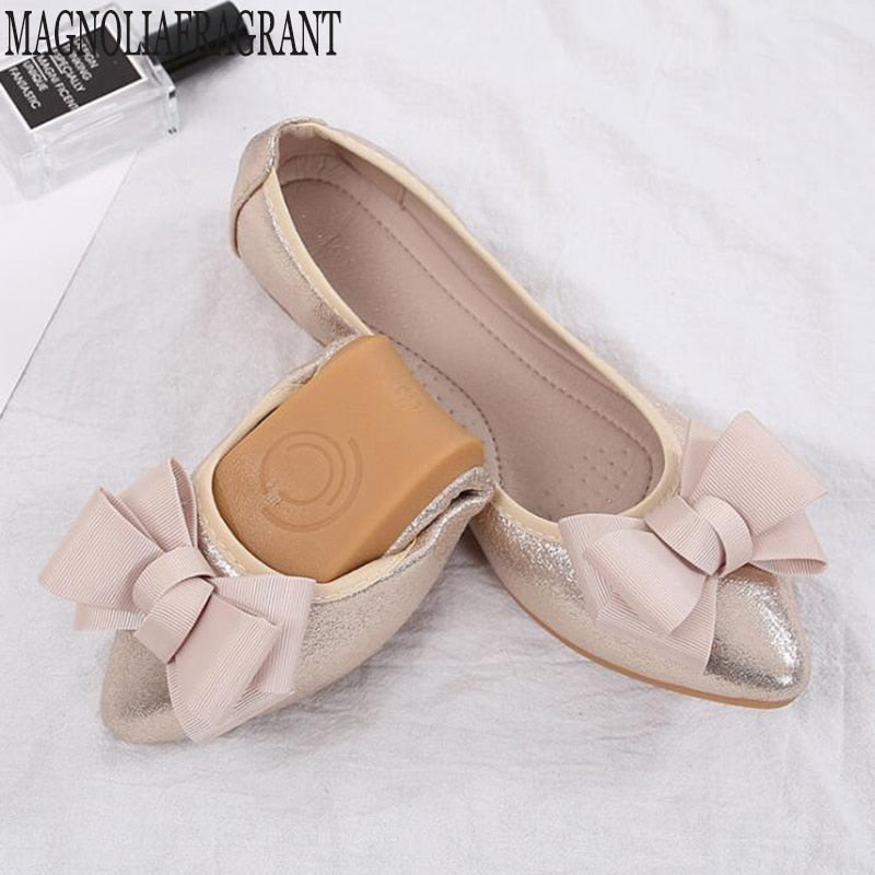 New Women Solid Color Bow Flats Pearl Fashion Basic Toe Ballerina Ballet Flat Slip On Shoes soft Pregnant women's loafers c450