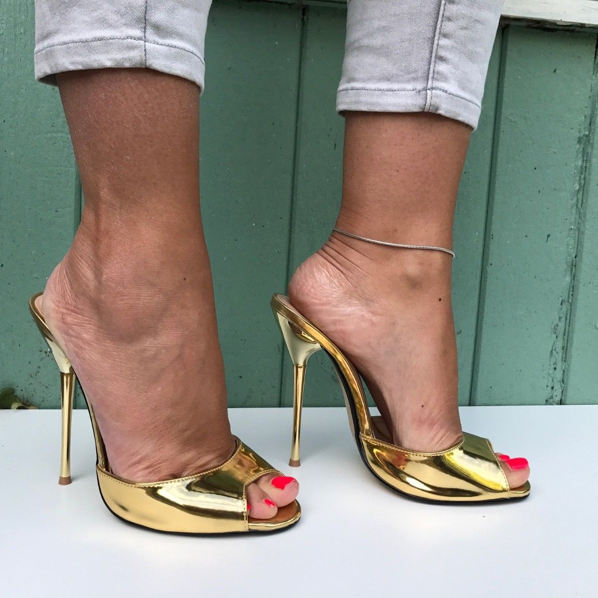 SURU Gold Open Toe High Heels Pumps Women Sexy 13cm Stilettos Sandals