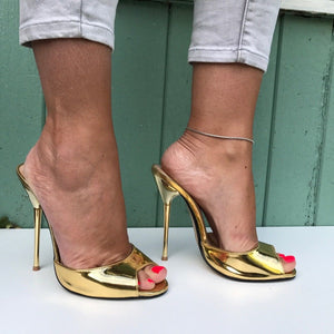 SURU Gold Open Toe High Heels Pumps Women Sexy 13cm Stilettos Sandals